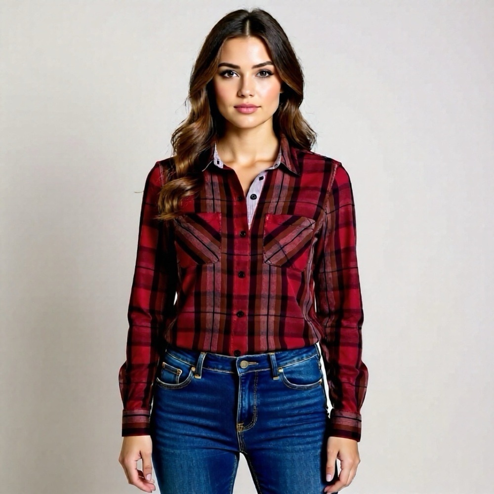 Lucky Brand Red Plaid Button Down Shirt Size XS - S Long Sleeve Soft Viscose